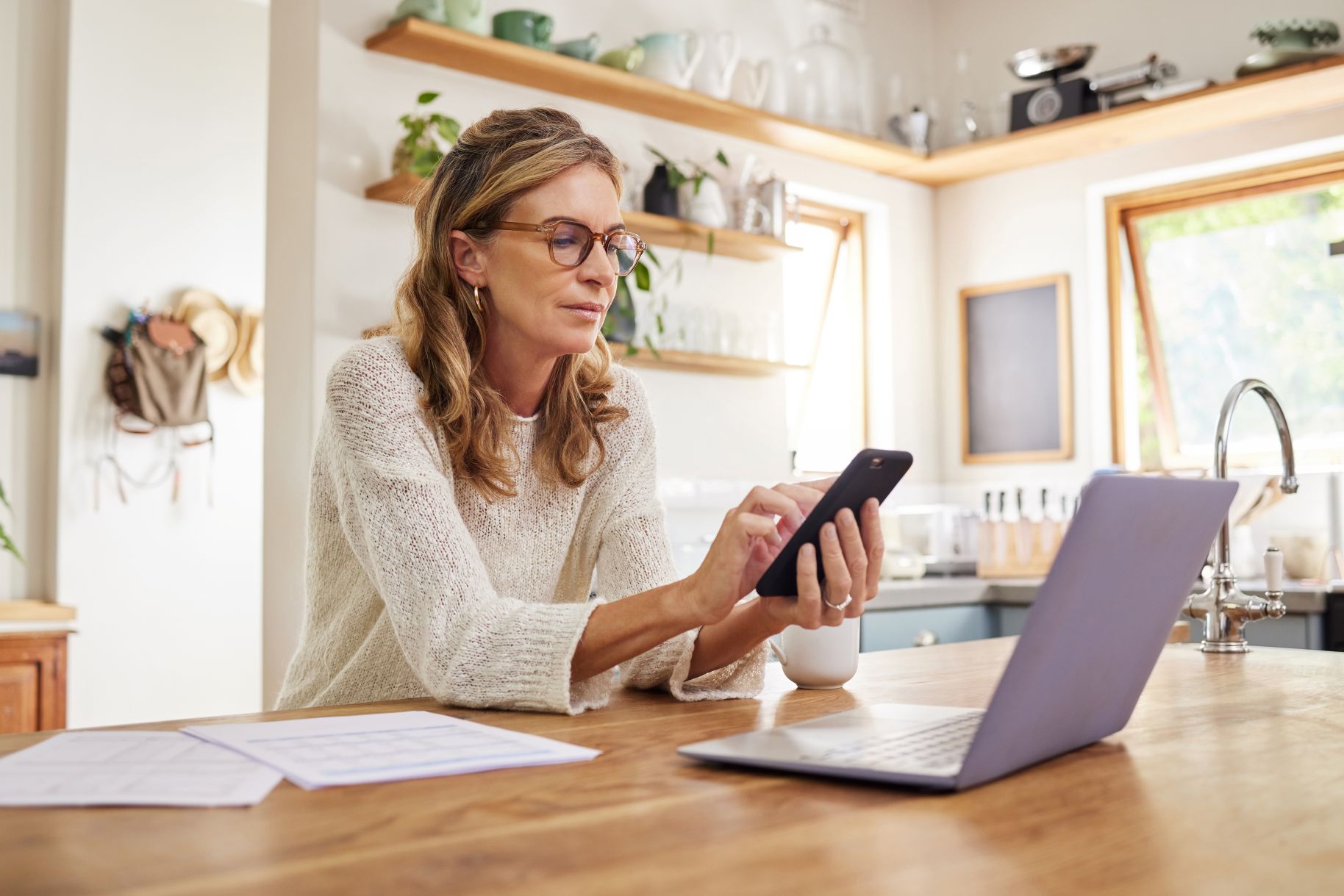 Thinking mature person with technology, paper or document for retirement